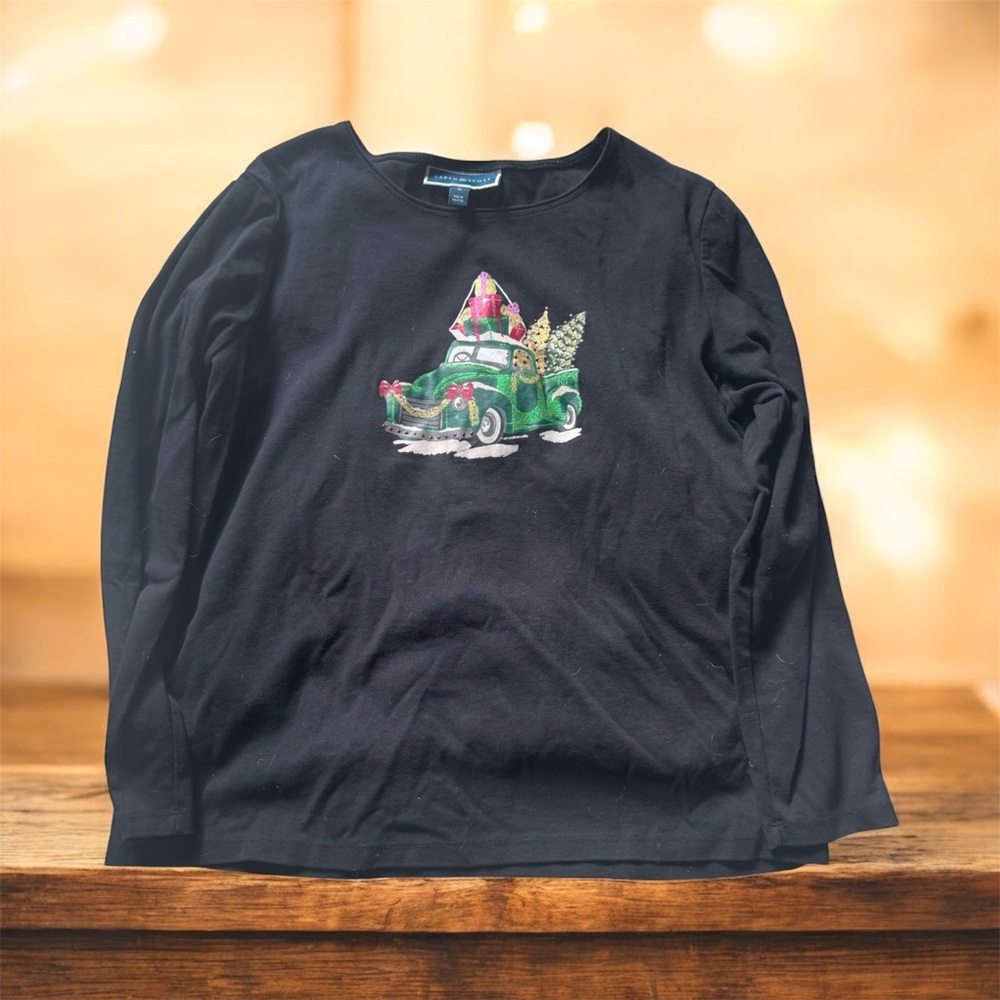 Karen Scott Black Long Sleeve Tee with Holiday Truck Design